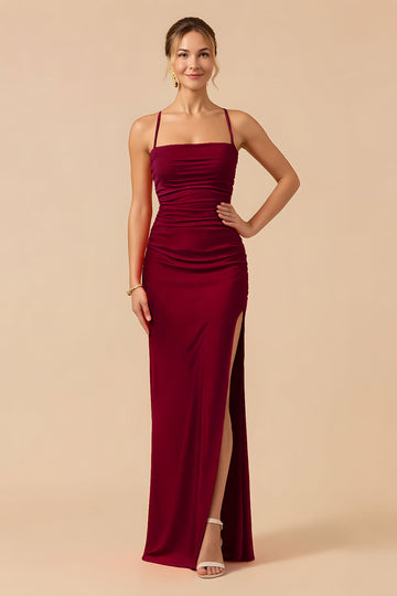 Burgundy Sheath Sapghetti Straps Long Bridesmaid Dress with Slit
